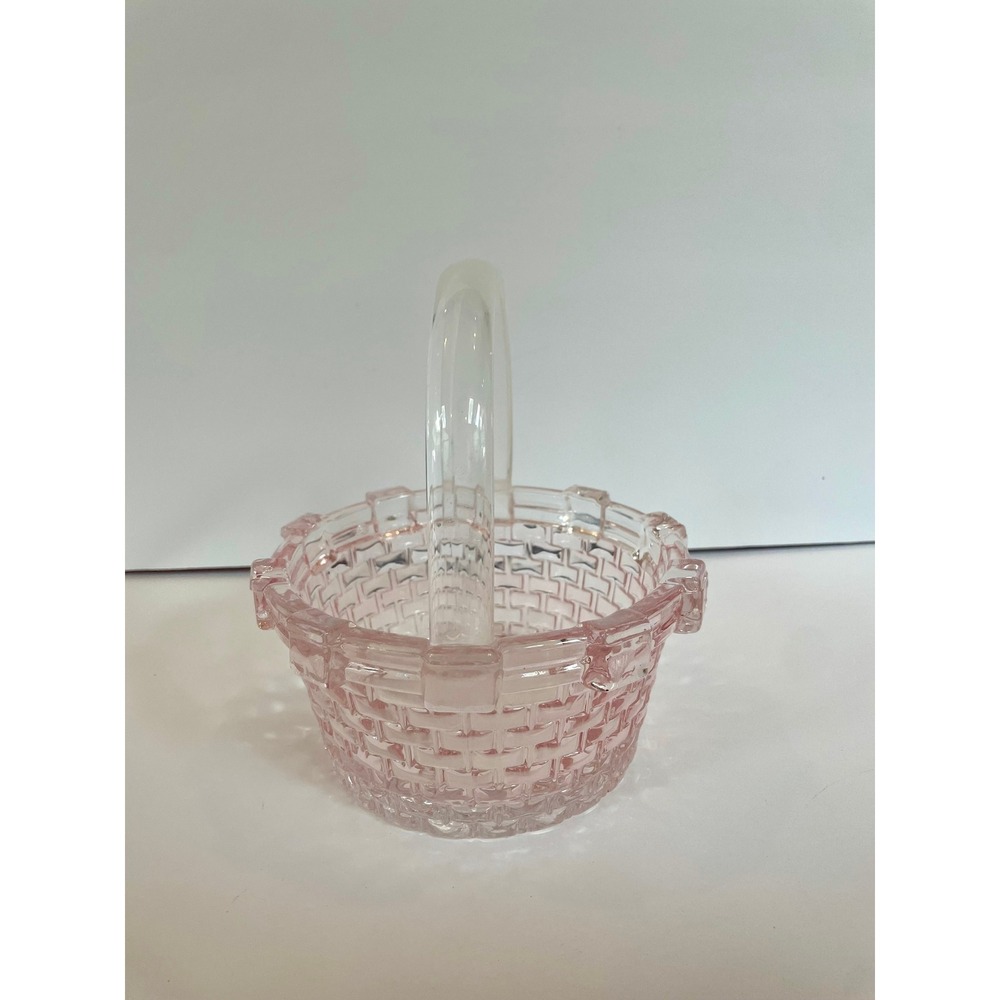 Vintage Pink Depression Glass Basketweave Candy Dish Basket with Handle